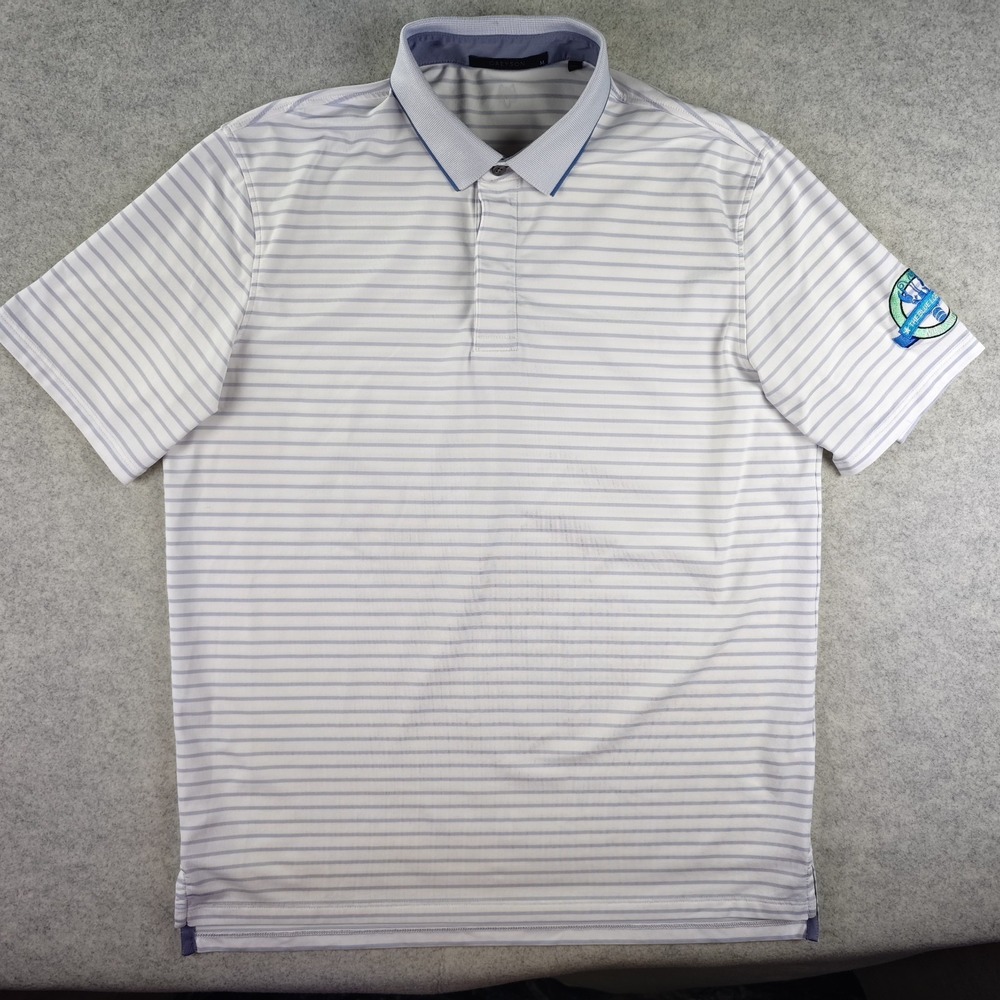 Greyson Polo Medium White Striped Short Sleeve Performance Stretch Golf